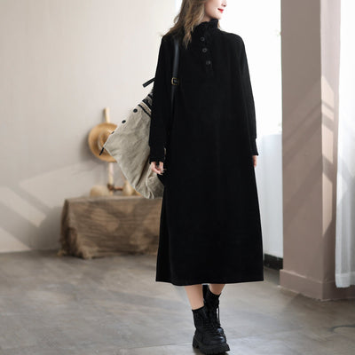 Autumn Winter Casual Minimalist Black Corduroy Dress