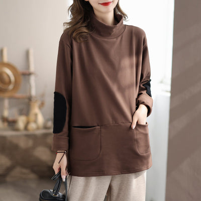 Autumn Winter Casual Patchwork Turtleneck Shirt Nov 2023 New Arrival One Size Coffee 