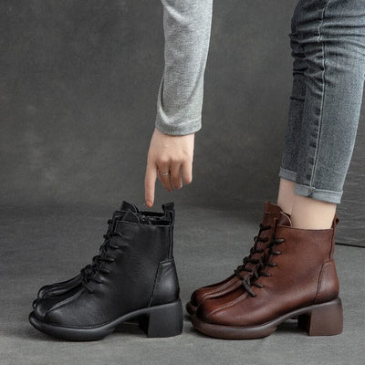 Autumn Winter Leather Retro Chunky Heel Boots