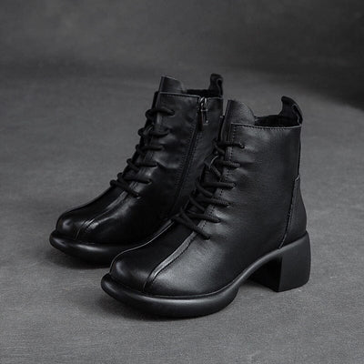 Autumn Winter Leather Retro Chunky Heel Boots Oct 2023 New Arrival Black 35 