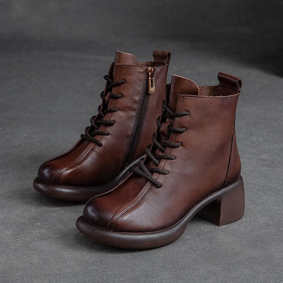 Autumn Winter Leather Retro Chunky Heel Boots Oct 2023 New Arrival Brown 35 