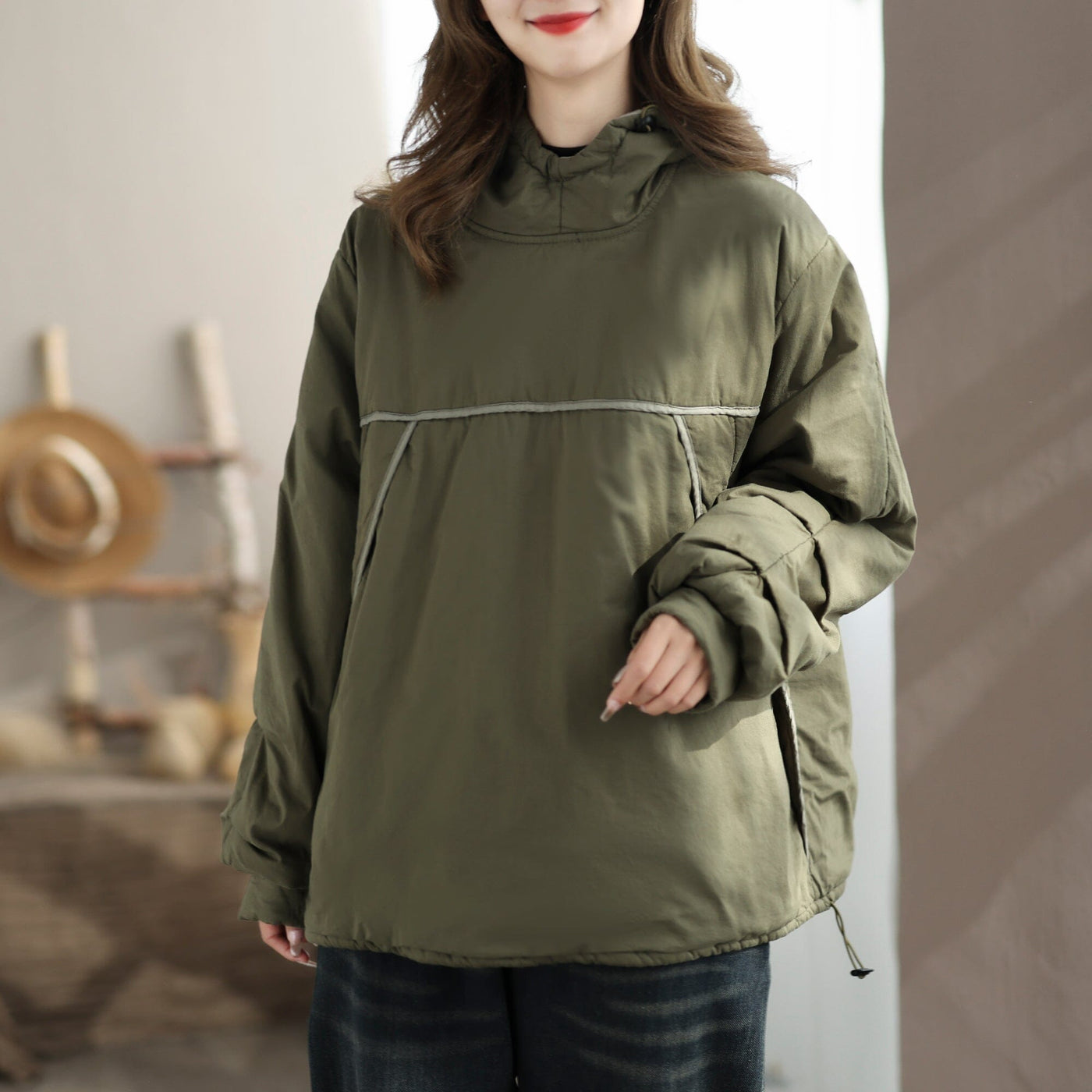 Autumn Winter Minimalist Hooded Pull Over Coat Nov 2023 New Arrival One Size Green 