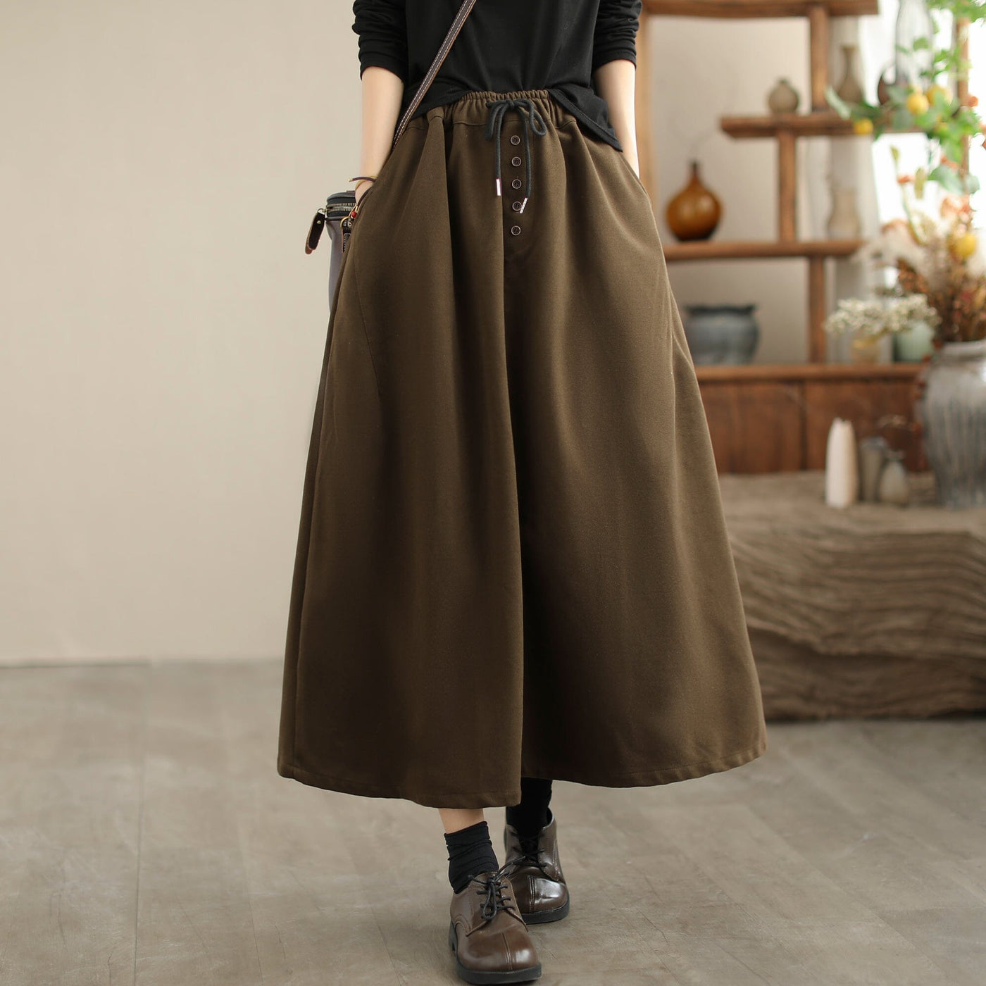 Autumn Winter Minimalist Lacing Waist A-Line Skirt