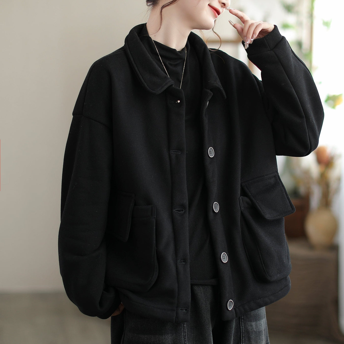 Autumn Winter Minimalist Solid Cotton Loose Casual Jacket Nov 2023 New Arrival One Size Black 