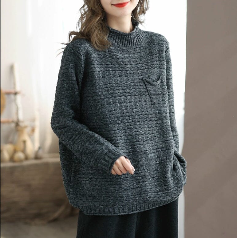 Autumn Winter Minimalist Turtleneck Knitted Cardigan Dec 2023 New Arrival Gray One Size 