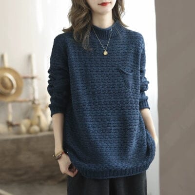 Autumn Winter Minimalist Turtleneck Knitted Cardigan Dec 2023 New Arrival Navy One Size 
