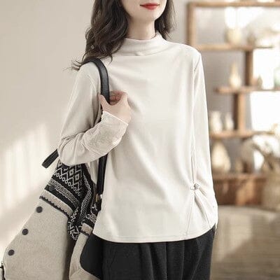 Autumn Winter Retro Embroidery Casual T-Shirt Dec 2023 New Arrival One Size Beige 