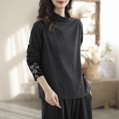 Autumn Winter Retro Embroidery Casual T-Shirt Dec 2023 New Arrival One Size Black 