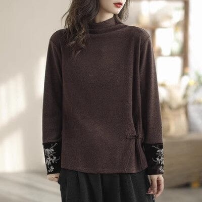 Autumn Winter Retro Embroidery Casual T-Shirt Dec 2023 New Arrival One Size Coffee 