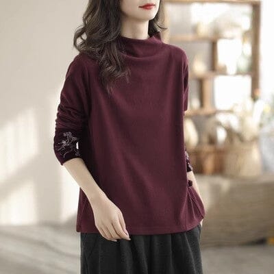 Autumn Winter Retro Embroidery Casual T-Shirt Dec 2023 New Arrival One Size Wine Red 