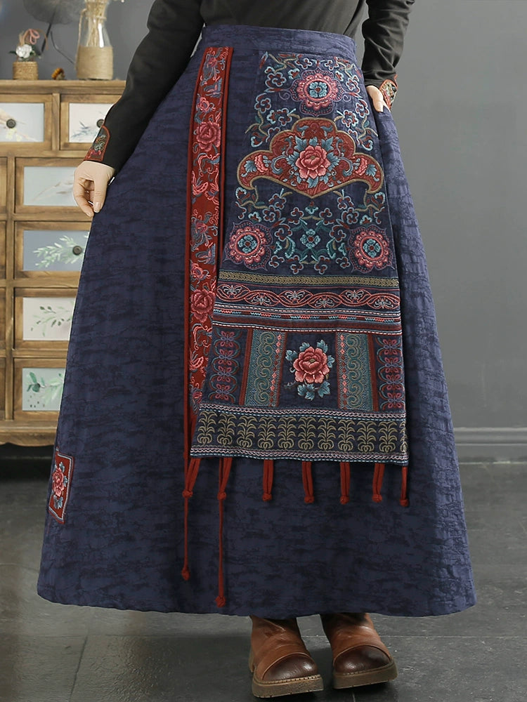 Autumn Winter Retro Embroidery Cotton Linen Skirt