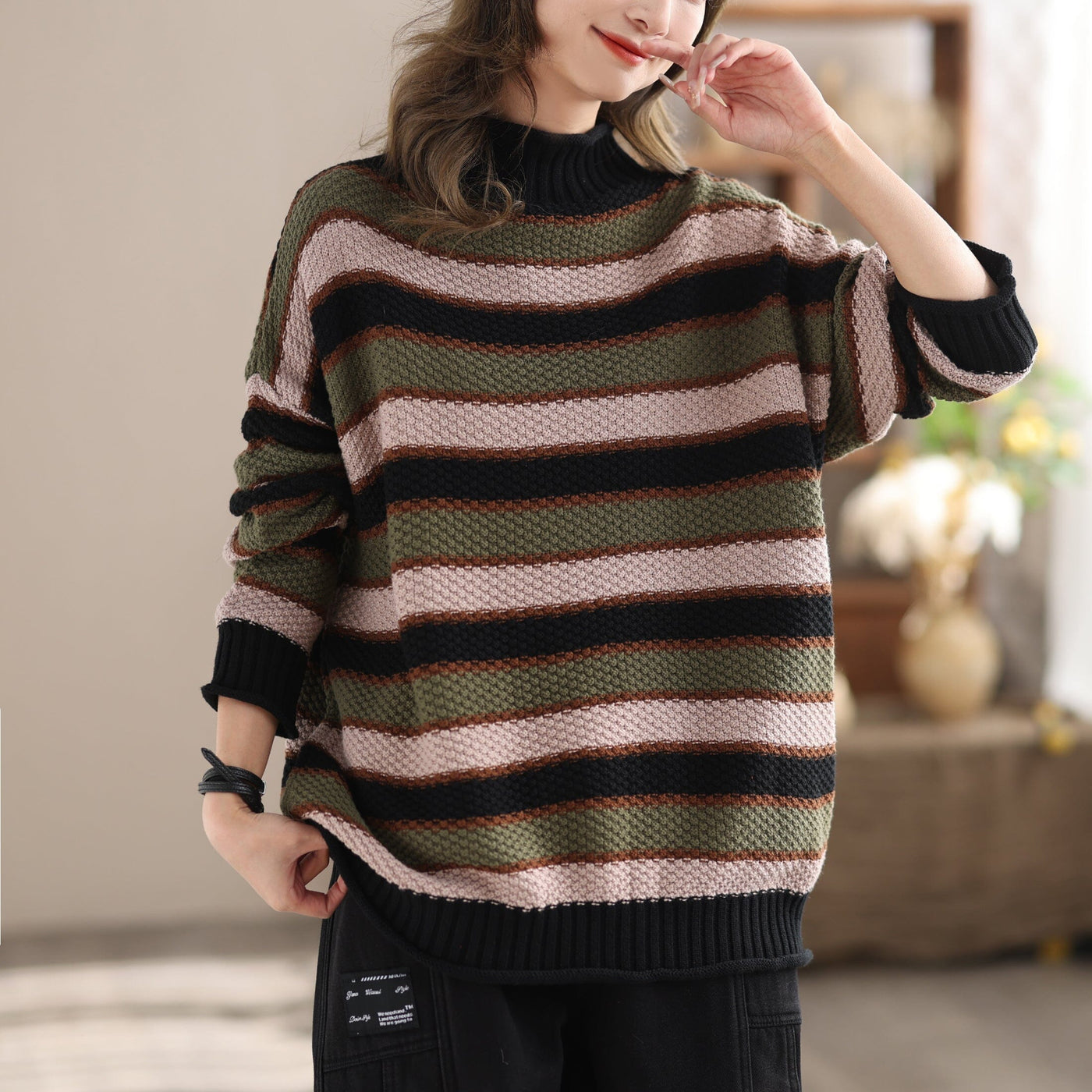 Autumn Winter Stripe Casual Loose Knitted Cardigan Nov 2023 New Arrival One Size Black 