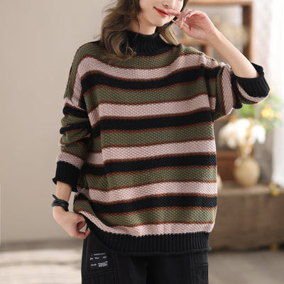 Autumn Winter Stripe Casual Loose Knitted Cardigan