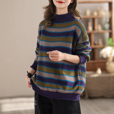 Autumn Winter Stripe Casual Loose Knitted Cardigan Nov 2023 New Arrival One Size Blue 