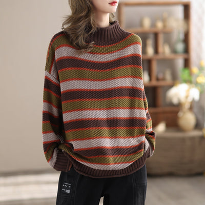 Autumn Winter Stripe Casual Loose Knitted Cardigan Nov 2023 New Arrival One Size Coffee 