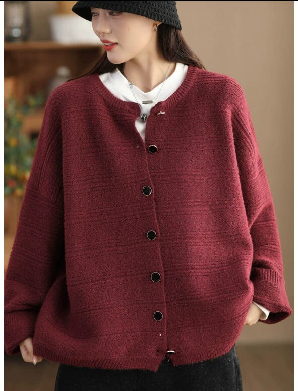 Autumn Winter Stylish Casual Woolen Cardigan Dec 2023 New Arrival Wine Red One Size 