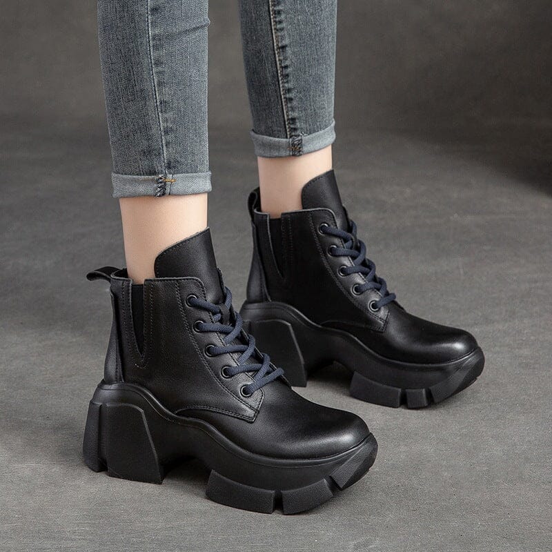 Autumn Women Retro Leather Chunky Platform Boots