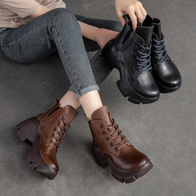 Autumn Women Retro Leather Chunky Platform Boots