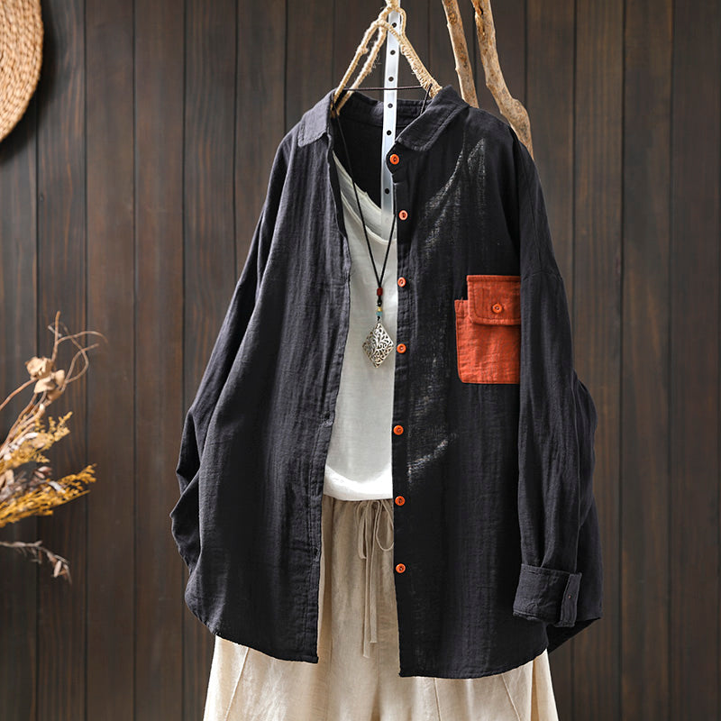 Women Spring Retro Colorblock Pocket Cotton Blouse