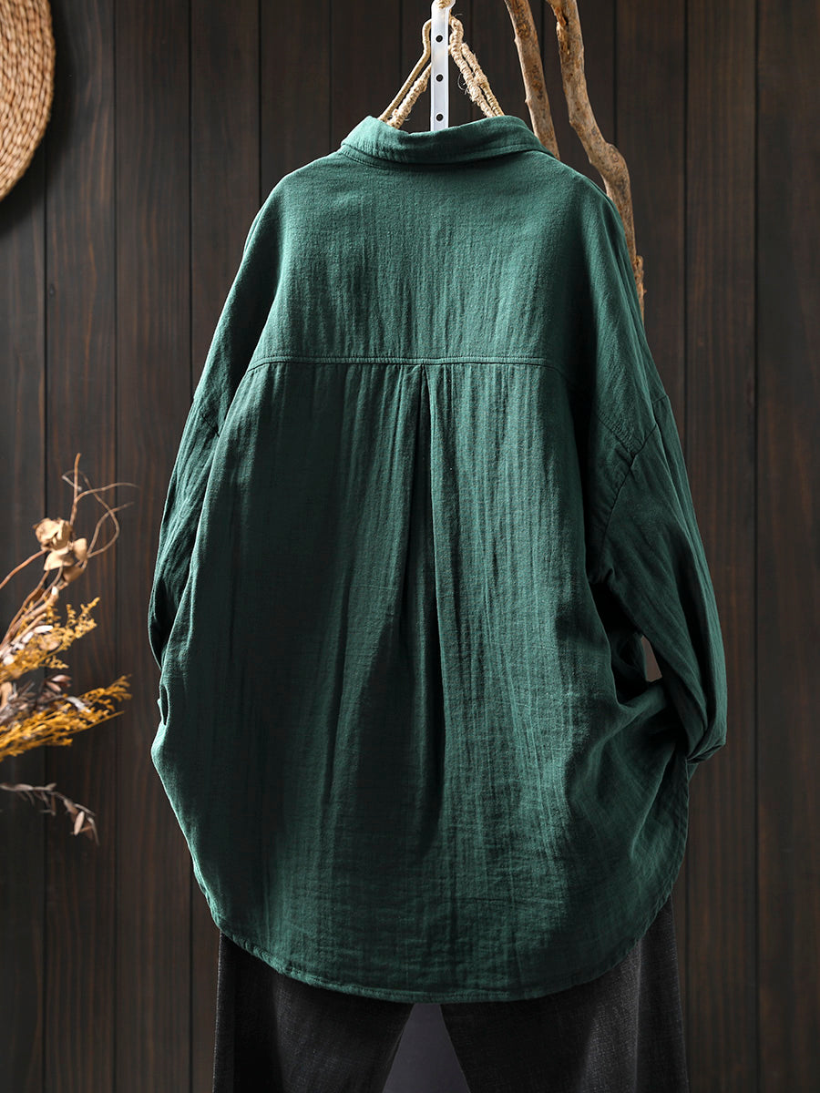 Women Spring Retro Colorblock Pocket Cotton Blouse