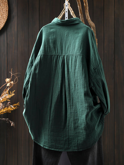 Women Spring Retro Colorblock Pocket Cotton Blouse