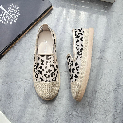 Summer Casual Straw Flats Leaopard Print Fisherman Shoes Foldable Flats