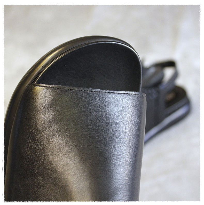 Women Leather Peep-Toe Flat Sandles