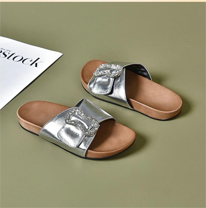 Women Leather Casual Flat Shoes with Rhinestone Buckle
