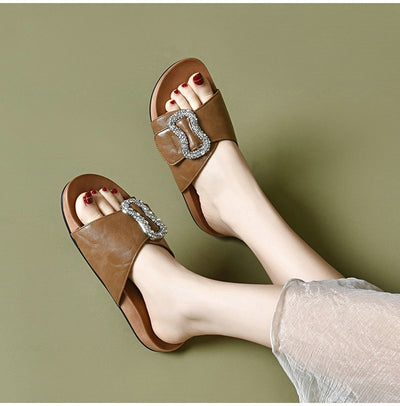 Women Leather Casual Flat Shoes with Rhinestone Buckle