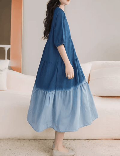 Cotton Round-Collar Loose Blue Dress