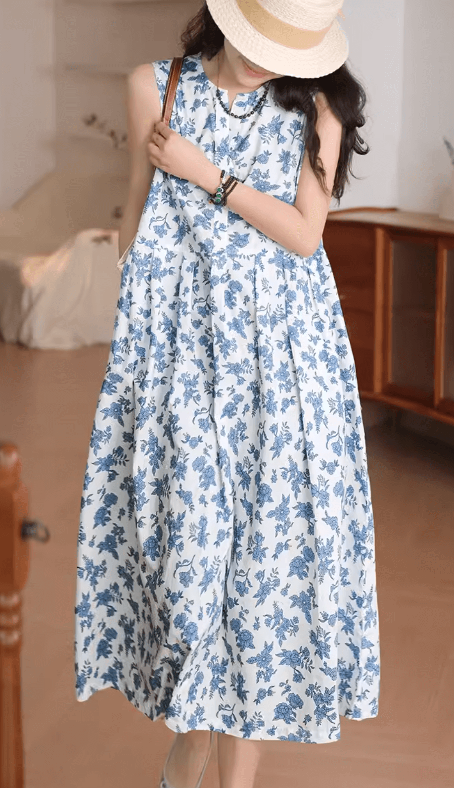 Cotton Floral Printed Sleeveless Loose Blue Dress