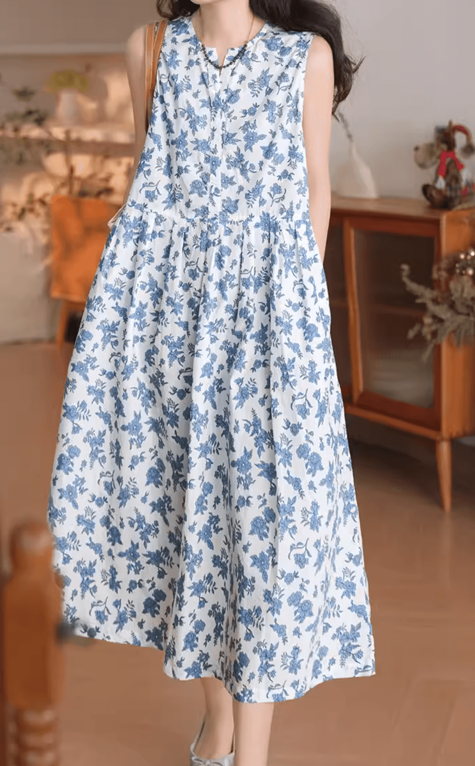Cotton Floral Printed Sleeveless Loose Blue Dress