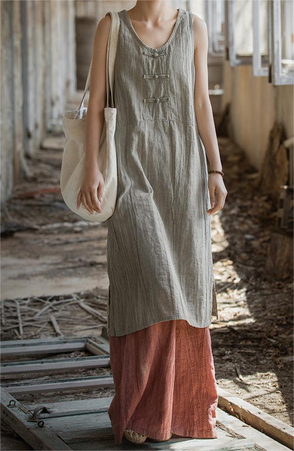 Summer Sleeveless Solid Color Linen Dress