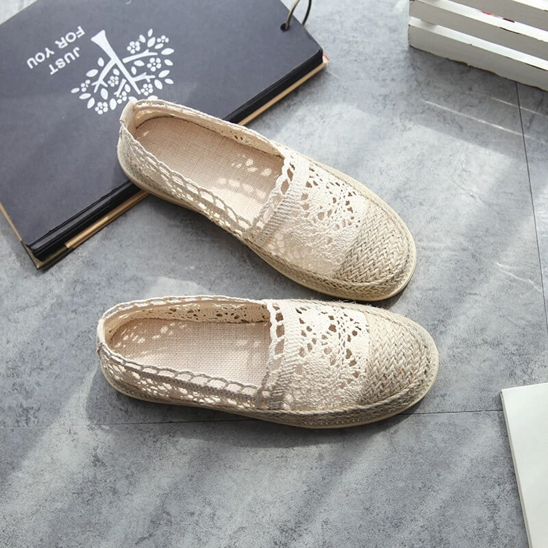 Summer Casual Lace Flats Linen Braided Fisherman Shoes Foldable Flats