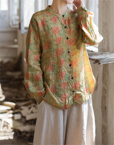 Spring Linen Long Sleeves Retro Floral Printed Shirt