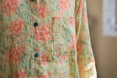 Spring Linen Long Sleeves Retro Floral Printed Shirt
