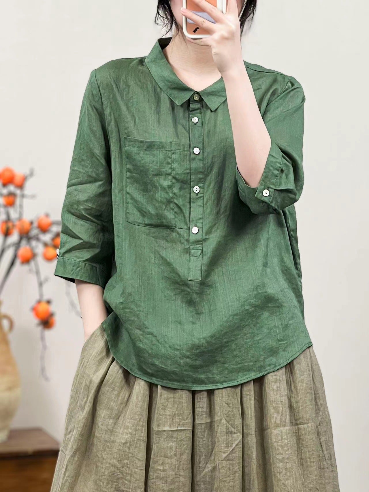 Women Linen Solid Color Retro Shirt