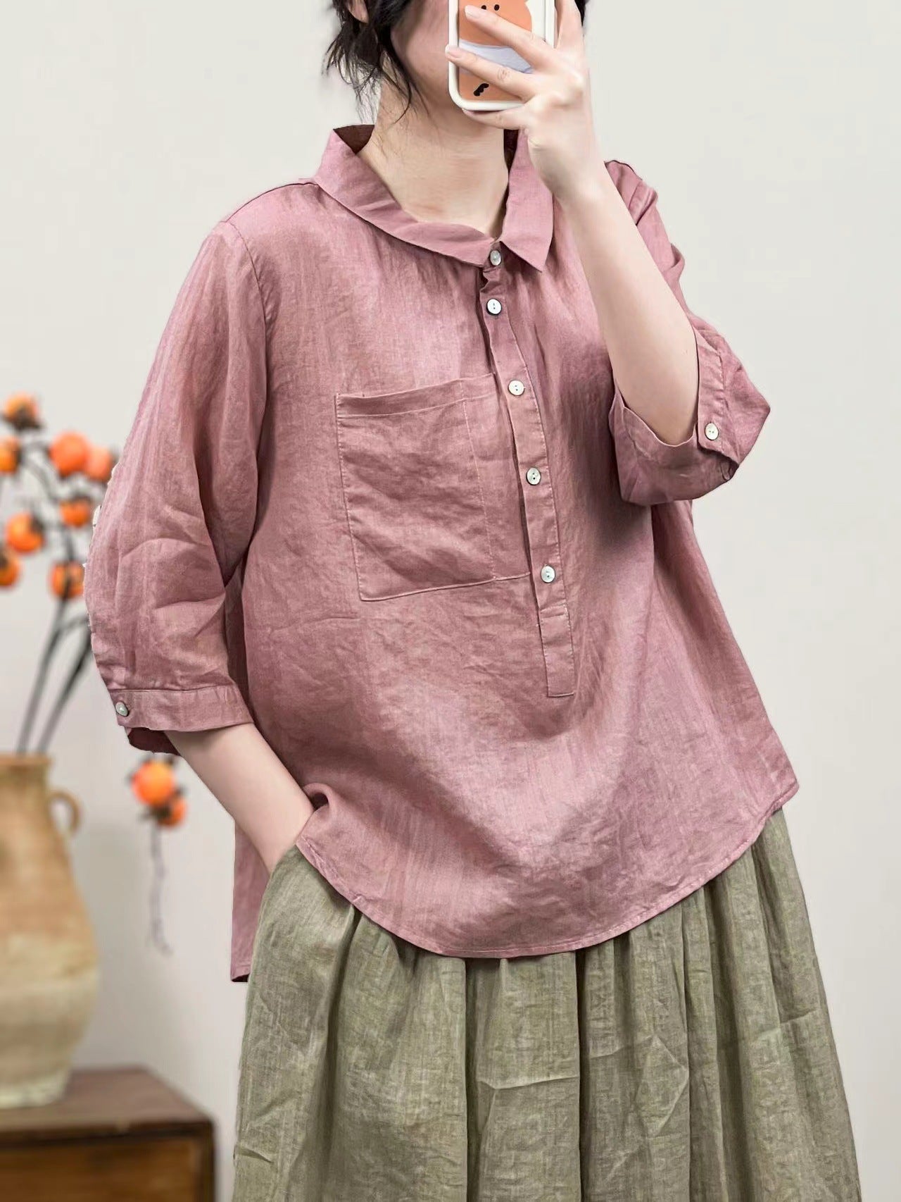 Women Linen Solid Color Retro Shirt