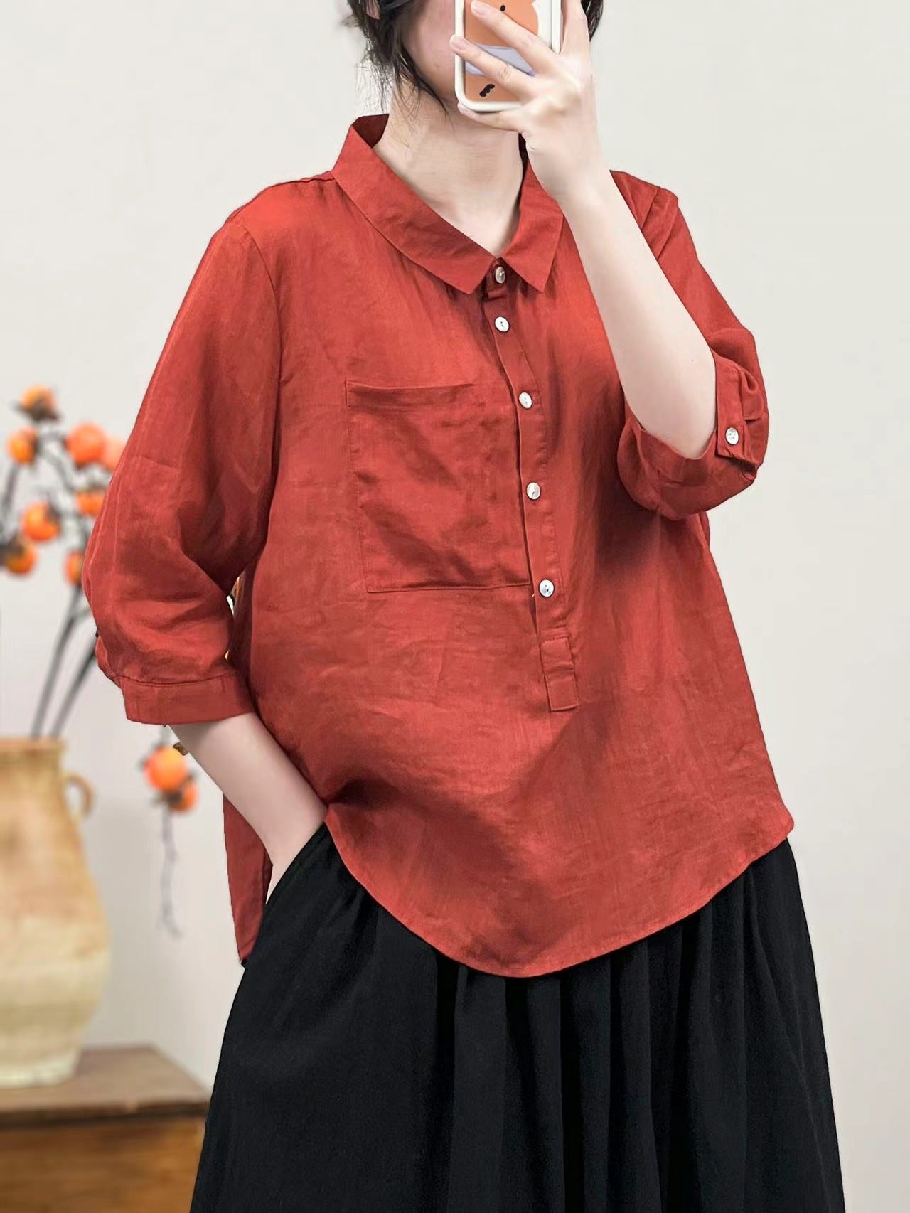 Women Linen Solid Color Retro Shirt