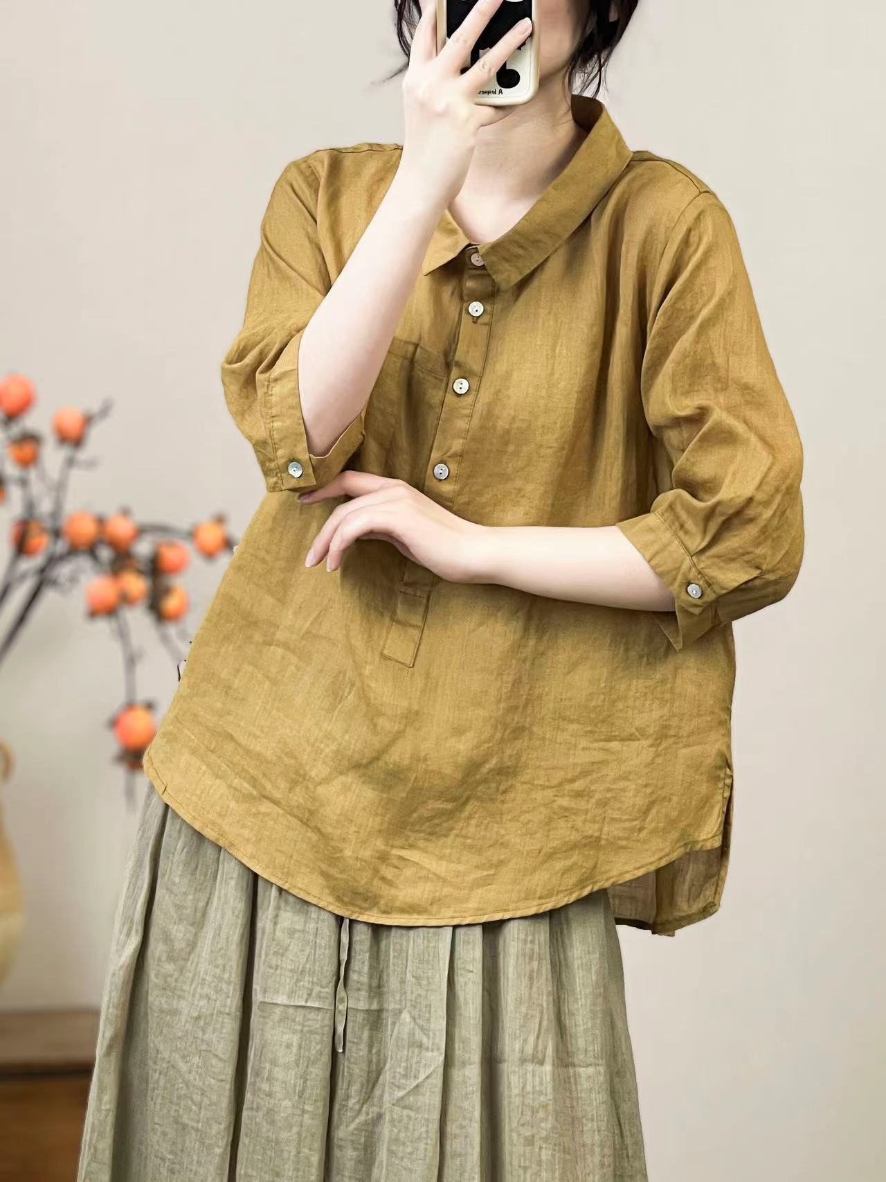 Women Linen Solid Color Retro Shirt