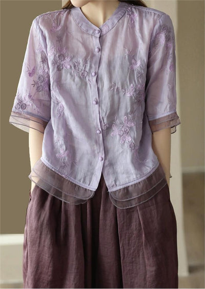Summer Ramie Short Sleeve Floral Embroidery Blouse