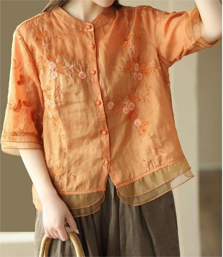 Summer Ramie Short Sleeve Floral Embroidery Blouse