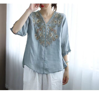 Summer Ramie Short Sleeve Floral Embroidery V-Neck Blouse