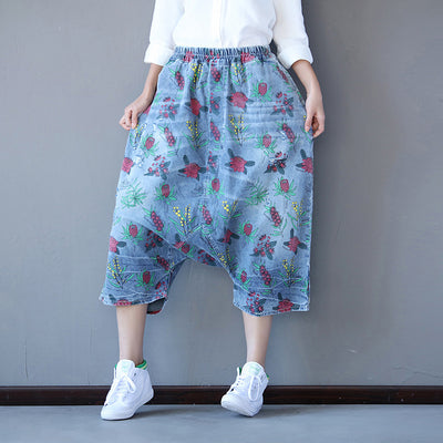 Retro Printed Loose Denim Pants