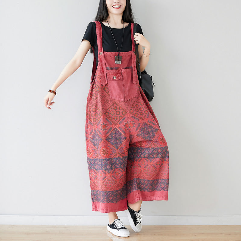Retro Ethic Printed Loose Strapped Pants