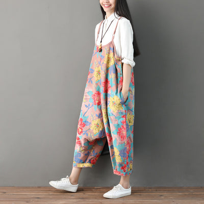 Women Summer Retro Floral Printed Strappy Pants
