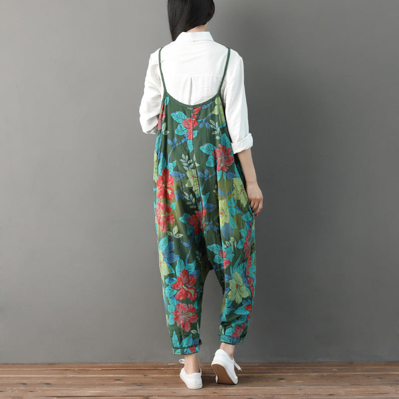 Women Summer Retro Floral Printed Strappy Pants