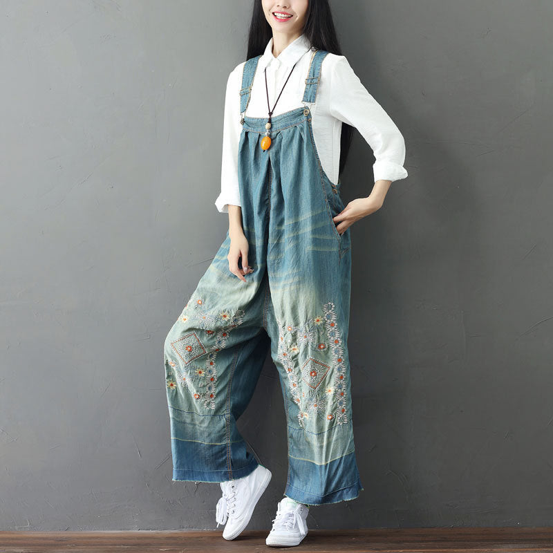 Summer Retro Floral Embroidery Strappy Denim Pants