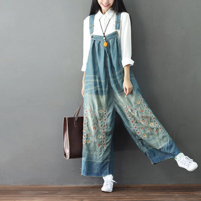 Summer Retro Floral Embroidery Strappy Denim Pants