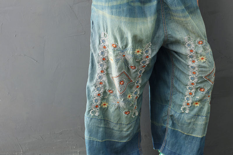 Summer Retro Floral Embroidery Strappy Denim Pants